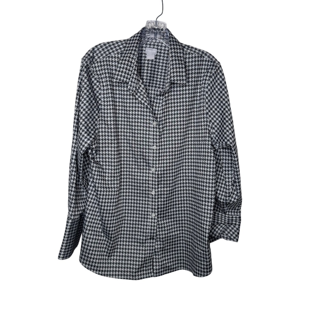 Chicos‎ Houndstooth Button Down Shirt Womens 3 US 16 Black White Long Sleeve Top